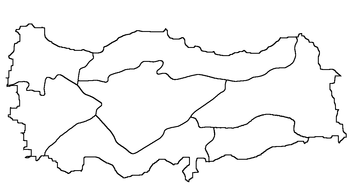 Türkiye divided by the boundaries of its seven geographic regions