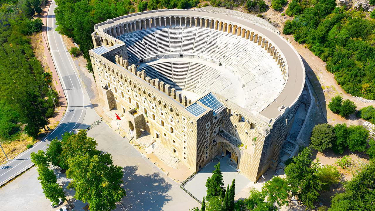Aerial view of the Roman theatre at Aspendos