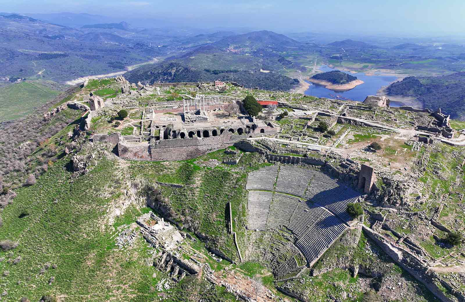 Aerial view of the theatre and archaeological landscape of ancient Pergamon