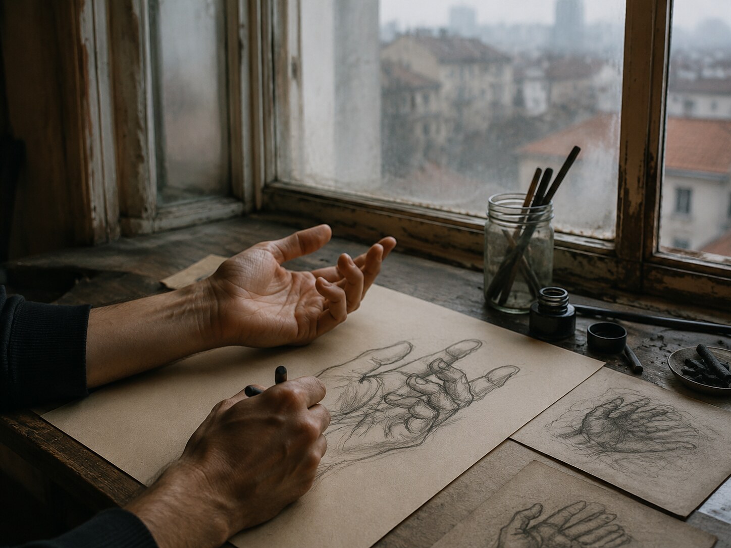 Hands drawing hands with ink and charcoal in a modest studio