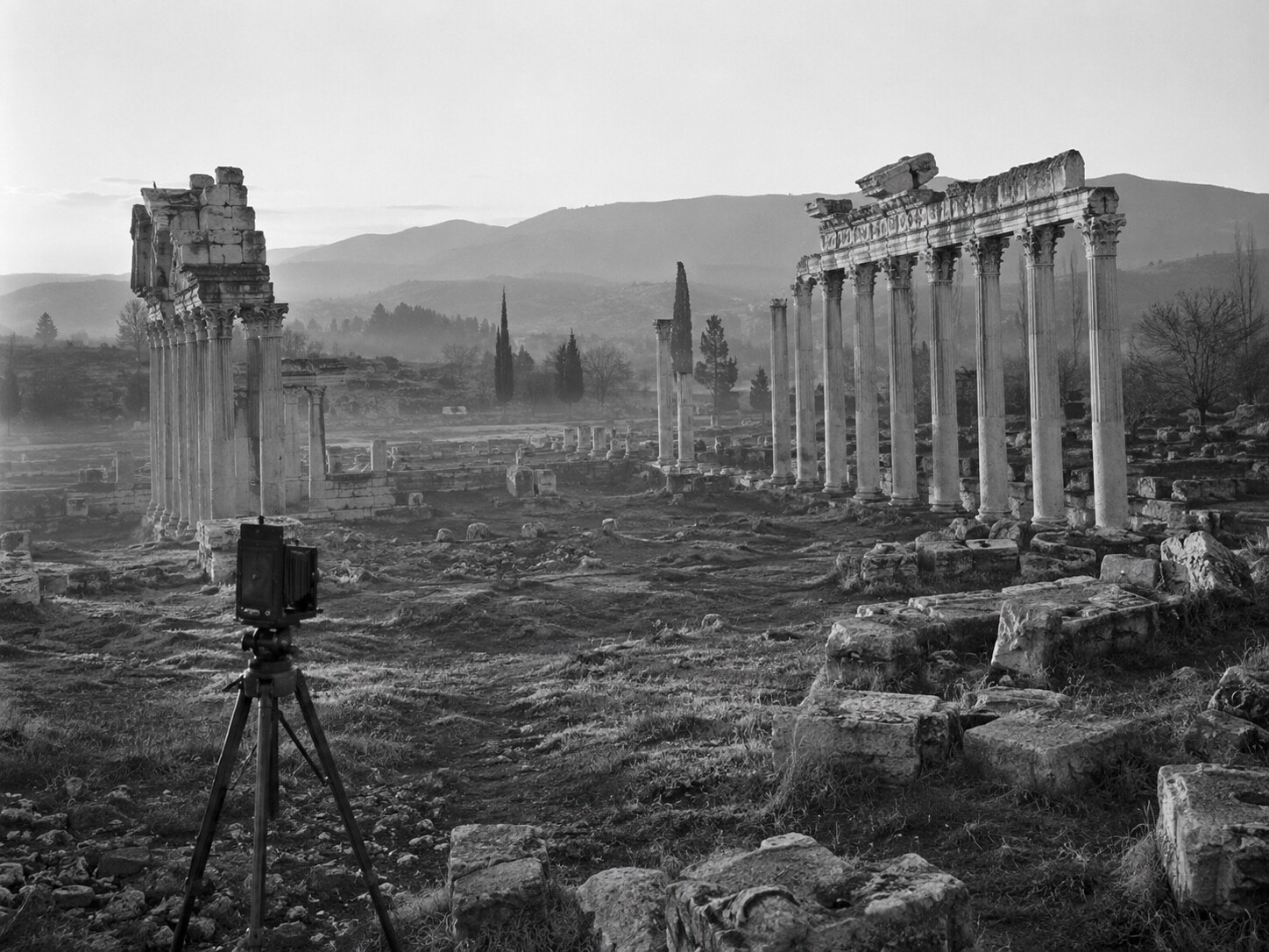 An original black-and-white editorial view of Aphrodisias with an archival camera