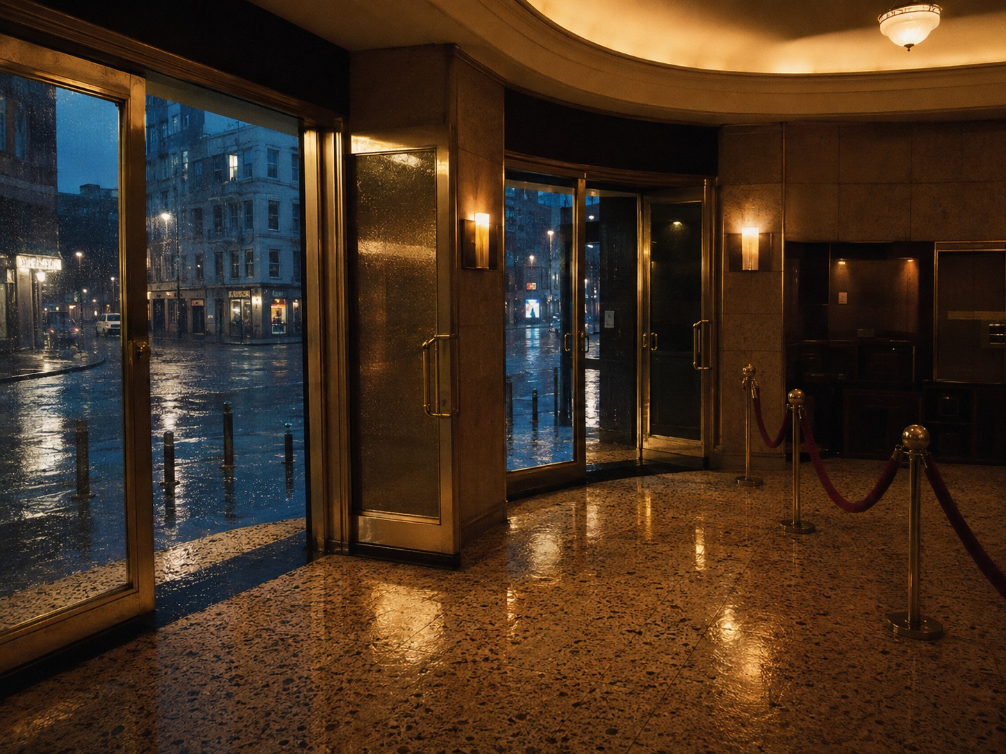 An original rainy-night cinema foyer with no film posters or titles