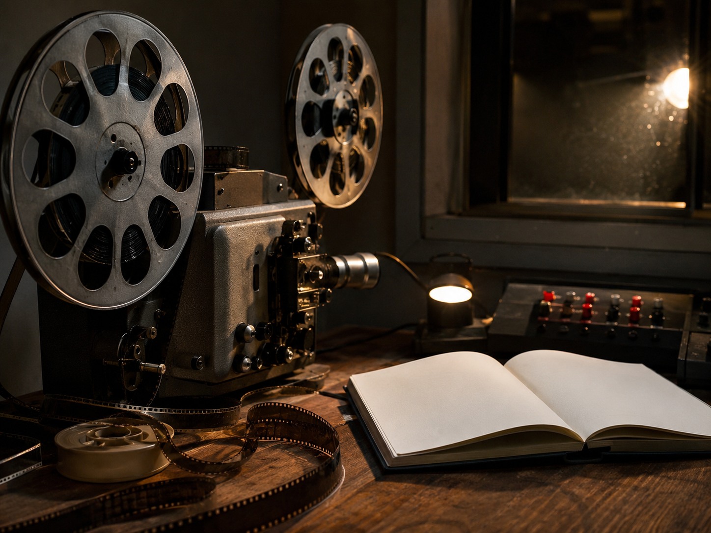 An original editorial still life of projector reels and a handwritten screening notebook
