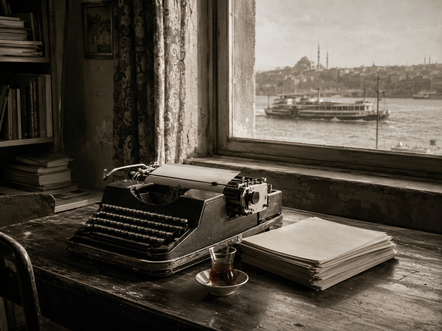 A 1960s Istanbul writing desk with a typewriter, tea glass and the Bosphorus beyond the window