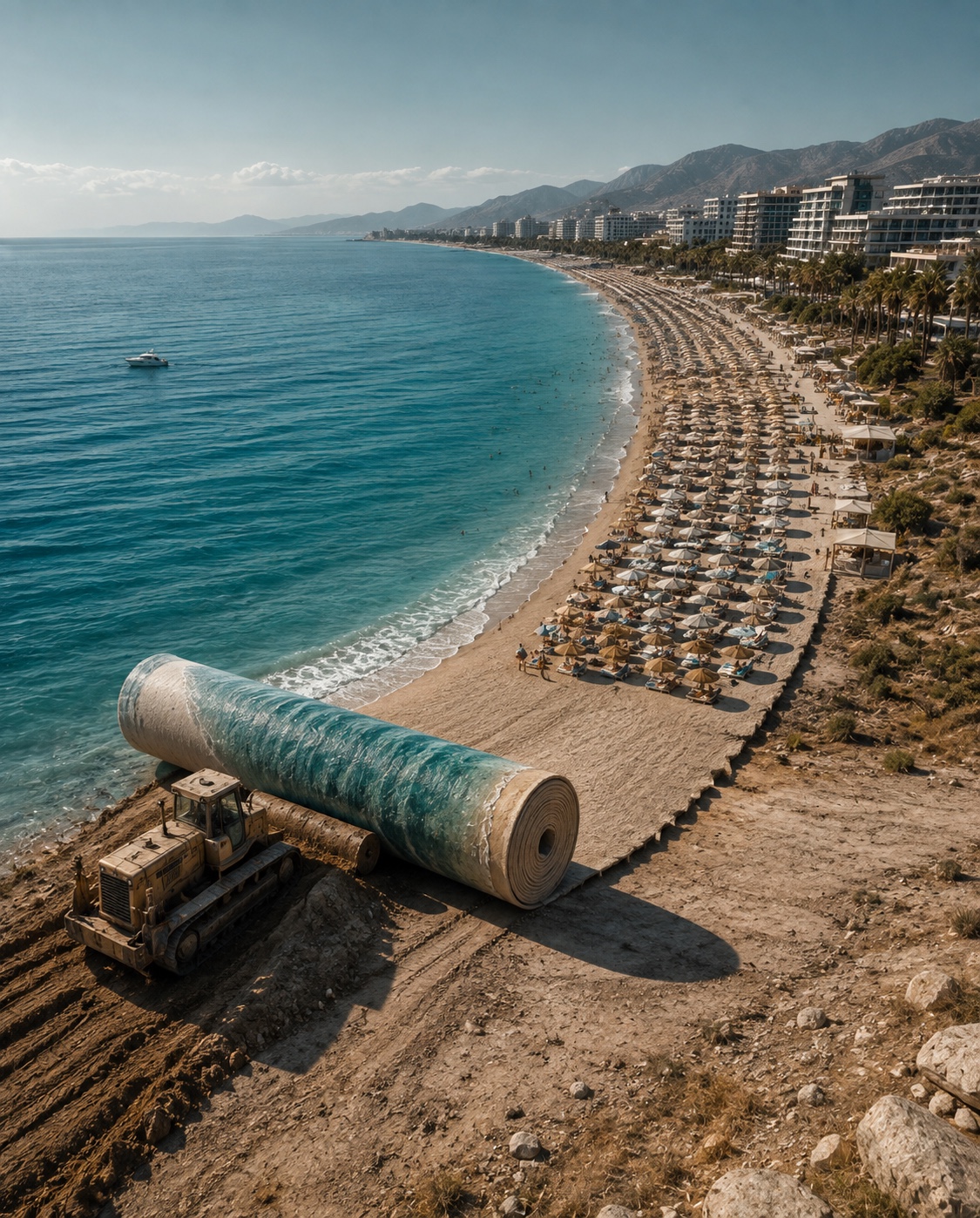 A Turkish shoreline being unrolled like a commercial surface beside a resort beach