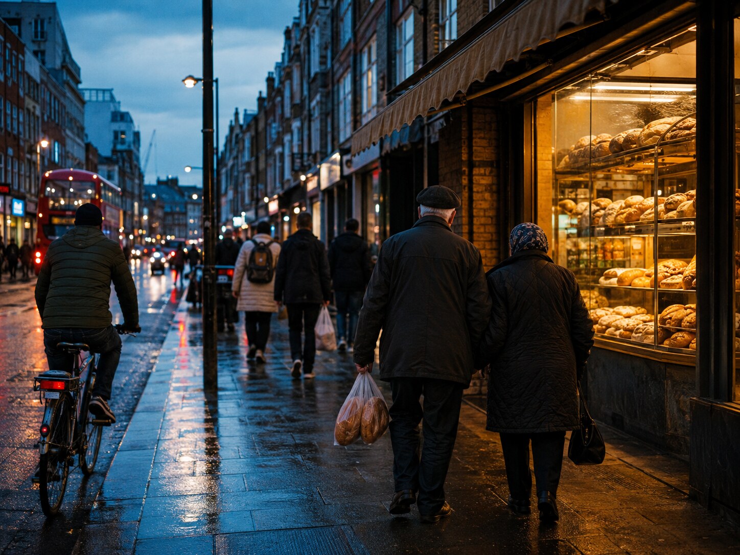 A north London street at dusk with a bakery, tea glasses and bilingual shopfront life