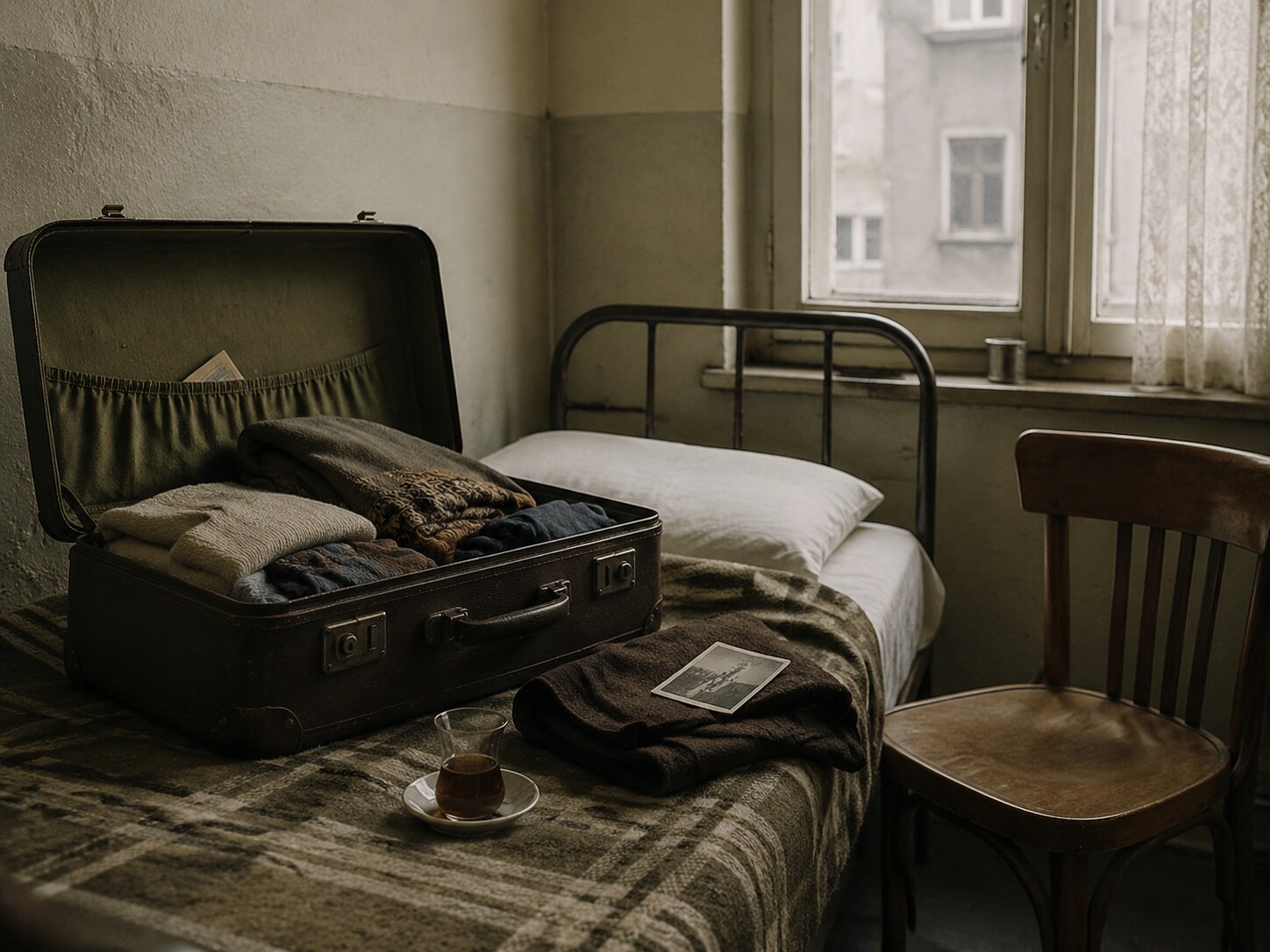 A worn suitcase in a modest European apartment beside family snapshots and a train ticket