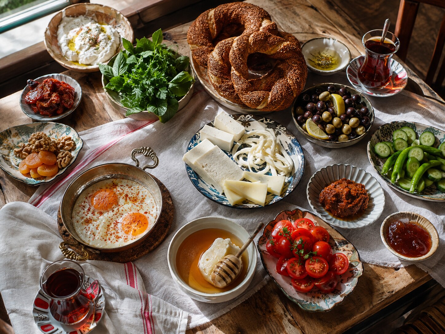 A lively Turkish breakfast table seen from above