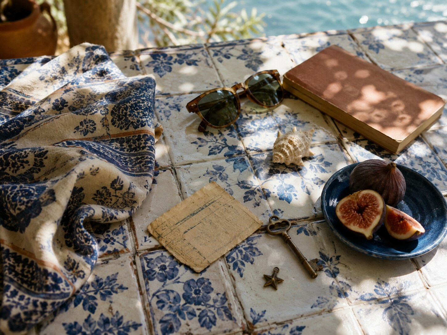 A folded road map, sunglasses, tea and summer objects on a Turkish seaside table
