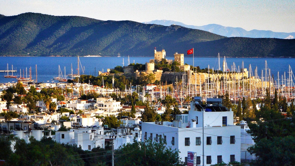 Bodrum Castle and the harbour seen above the white town
