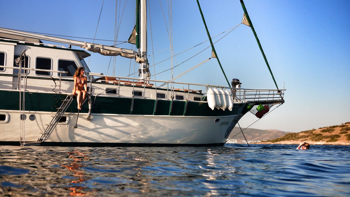 A traditional gulet anchored in clear water off the Bodrum Peninsula
