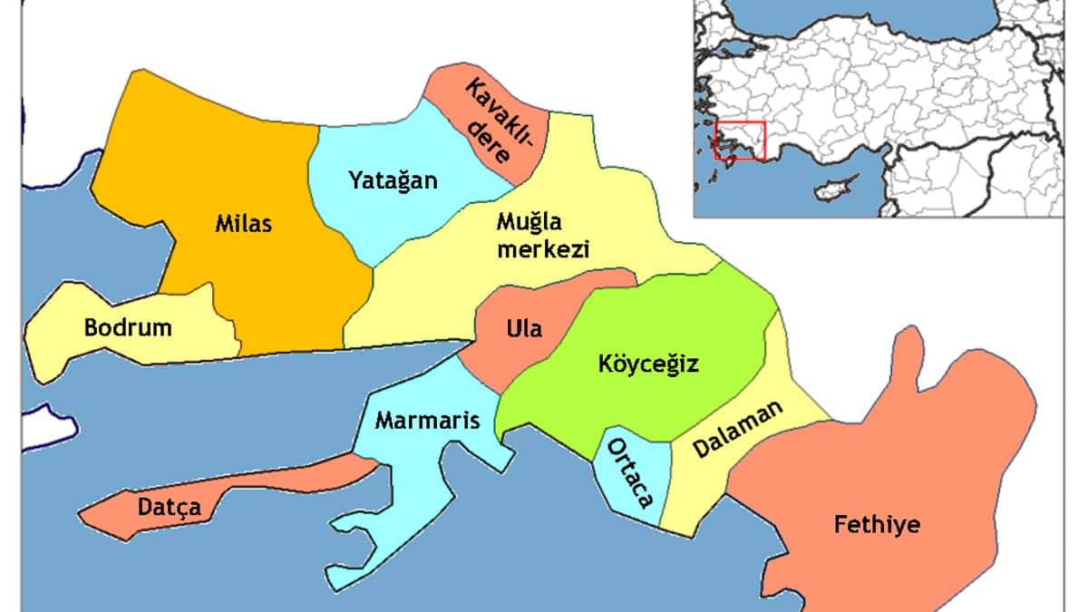 A map locating Bodrum within Muğla and the southwest coast of Türkiye