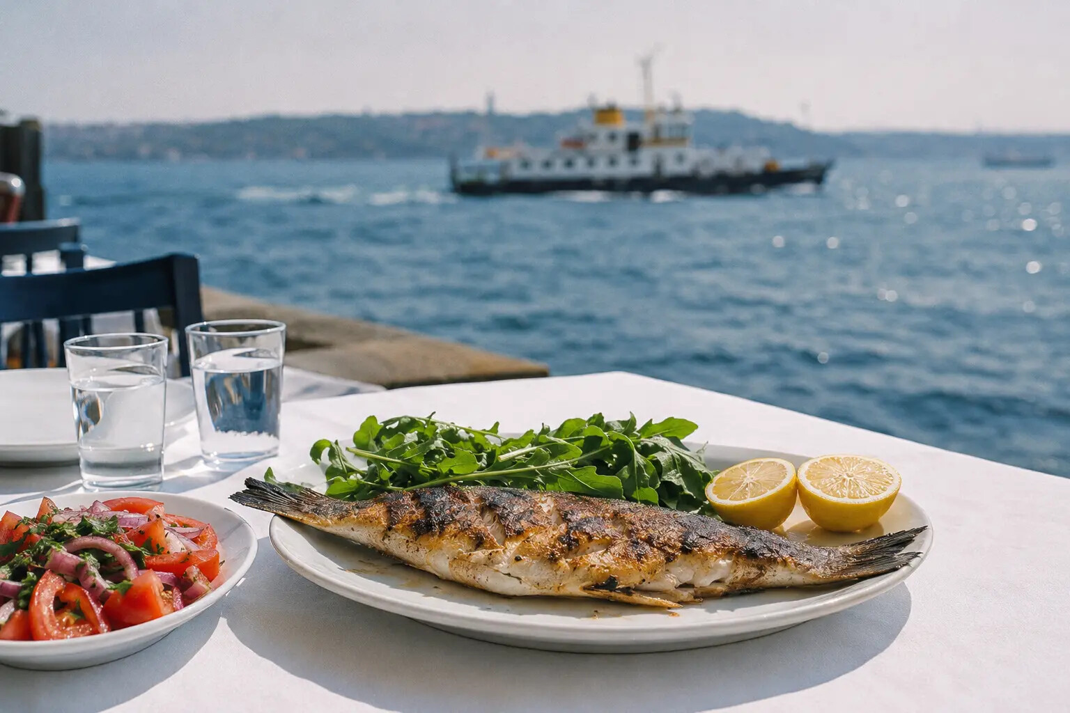 A restrained grilled-fish table beside the Bosphorus