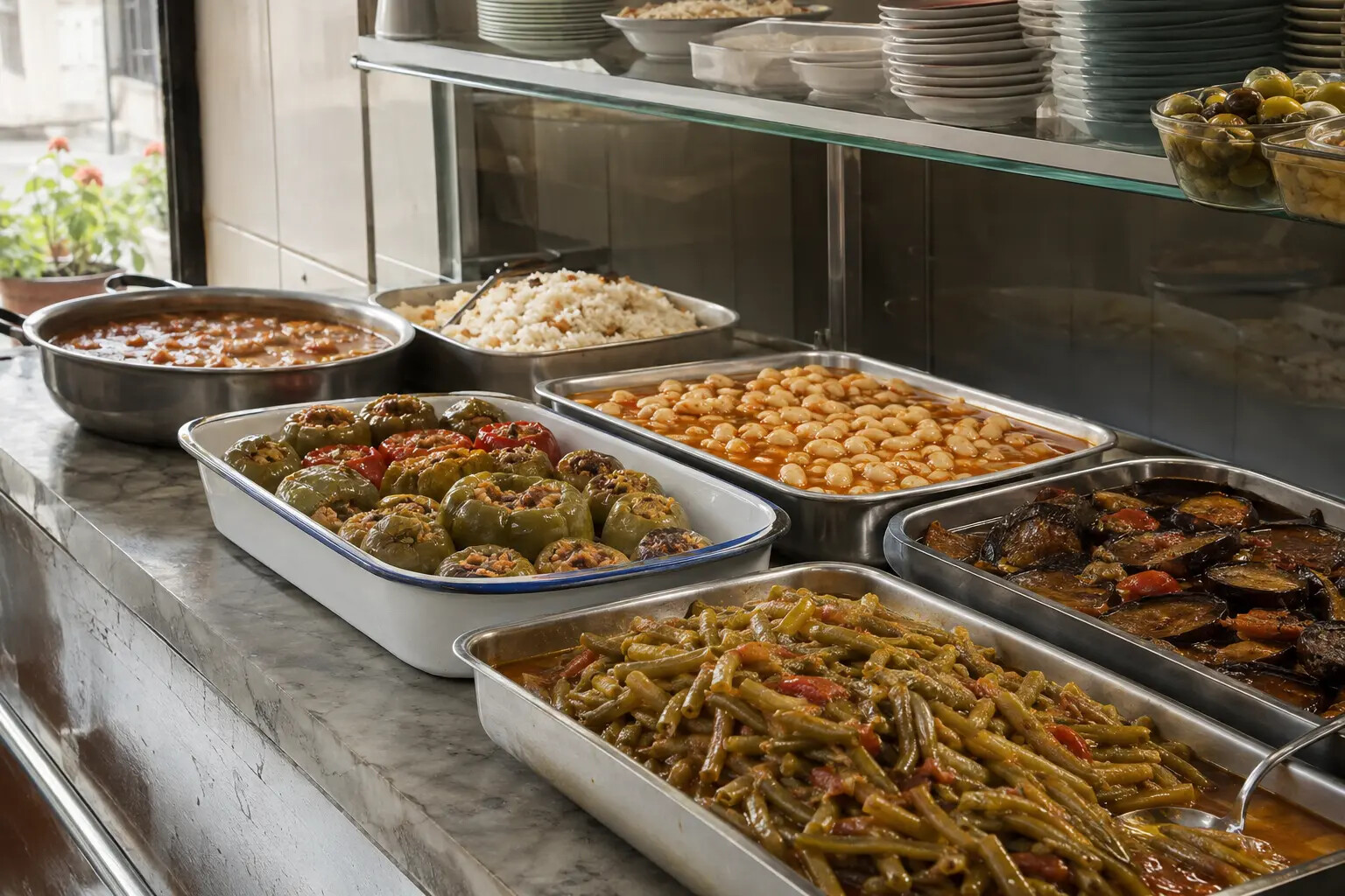 A lunchtime counter of Turkish home-style dishes